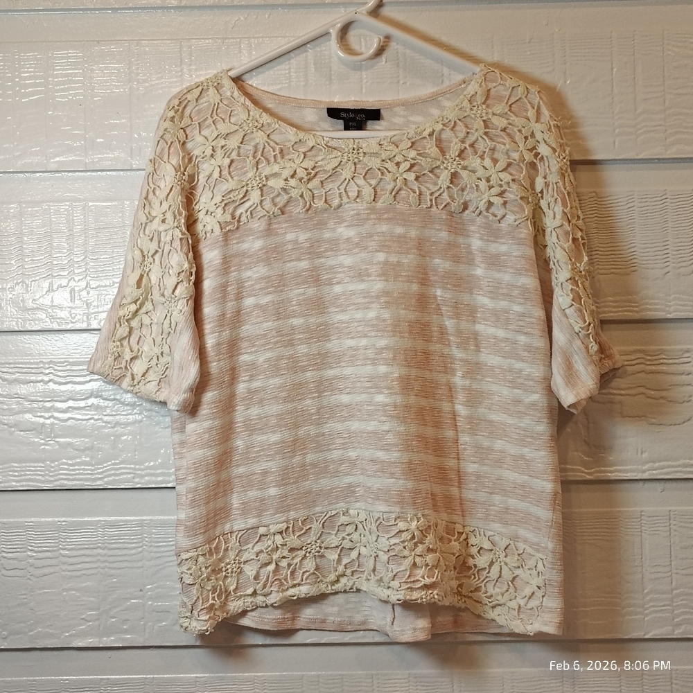 Style & Co Womens Petite XL Lace Knit Top Short Sleeve Pink Striped Boxy Comfy